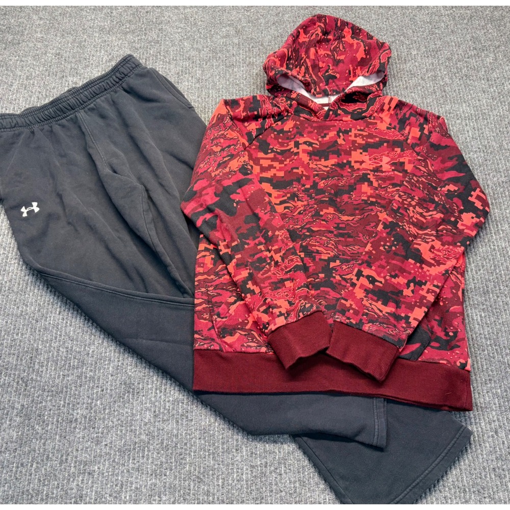 Under Armour Boys Red Digital Camo Hoodie & Black Sweatpants Set Size Large YLG